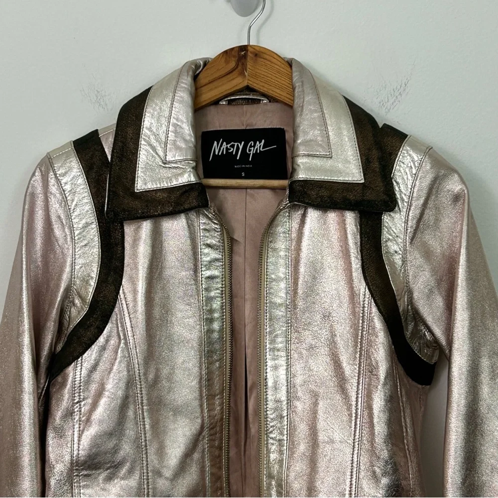 Nasty Gal Metallic Rose Gold Lambskin Leather‎ Moto Jacket Size Small